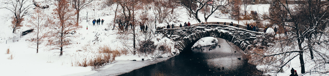 a small stone bridge covered in snow